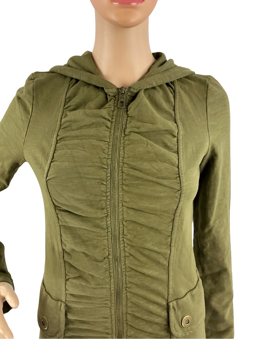 Wearables XCVI Ruched Full Zip Hoodie Jacket Green Size XS - Picture 3 of 8